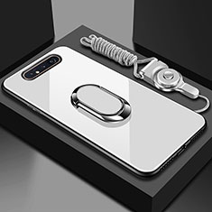 Custodia Silicone Specchio Laterale Cover con Magnetico Anello Supporto T01 per Samsung Galaxy A80 Bianco