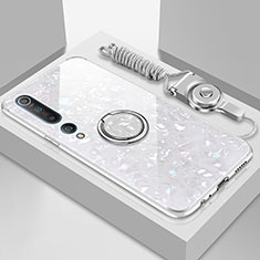 Custodia Silicone Specchio Laterale Cover con Magnetico Anello Supporto T01 per Xiaomi Mi 10 Bianco