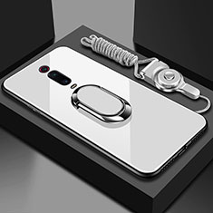 Custodia Silicone Specchio Laterale Cover con Magnetico Anello Supporto T01 per Xiaomi Mi 9T Pro Bianco