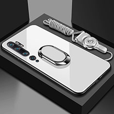 Custodia Silicone Specchio Laterale Cover con Magnetico Anello Supporto T01 per Xiaomi Mi Note 10 Pro Bianco