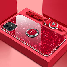 Custodia Silicone Specchio Laterale Cover con Magnetico Anello Supporto T02 per Apple iPhone 11 Rosso