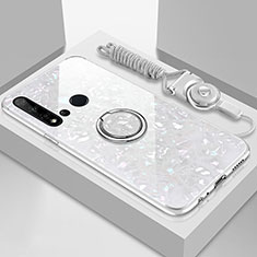 Custodia Silicone Specchio Laterale Cover con Magnetico Anello Supporto T02 per Huawei Nova 5i Bianco