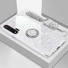 Custodia Silicone Specchio Laterale Cover con Magnetico Anello Supporto T02 per Huawei Nova 6 5G Bianco