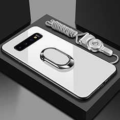 Custodia Silicone Specchio Laterale Cover con Magnetico Anello Supporto T02 per Samsung Galaxy S10 Plus Bianco