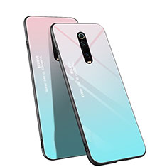 Custodia Silicone Specchio Laterale Sfumato Arcobaleno Cover H01 per Xiaomi Mi 9T Ciano