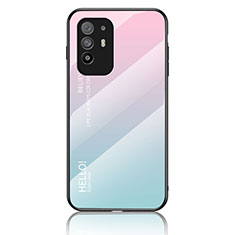 Custodia Silicone Specchio Laterale Sfumato Arcobaleno Cover LS1 per Oppo F19 Pro+ Plus 5G Ciano