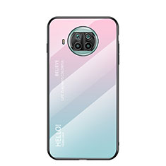 Custodia Silicone Specchio Laterale Sfumato Arcobaleno Cover LS1 per Xiaomi Mi 10i 5G Ciano