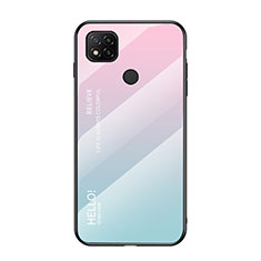 Custodia Silicone Specchio Laterale Sfumato Arcobaleno Cover LS1 per Xiaomi Redmi 9C NFC Ciano