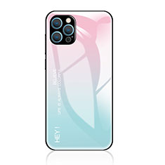 Custodia Silicone Specchio Laterale Sfumato Arcobaleno Cover per Apple iPhone 15 Pro Ciano