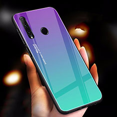 Custodia Silicone Specchio Laterale Sfumato Arcobaleno Cover per Huawei Enjoy 9s Ciano