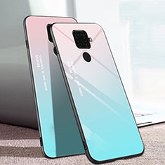 Custodia Silicone Specchio Laterale Sfumato Arcobaleno Cover per Huawei Nova 5i Pro Ciano