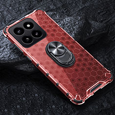 Custodia Silicone Trasparente Specchio Laterale 360 Gradi con Magnetico Anello Supporto AM1 per Xiaomi Mi 14 5G Rosso