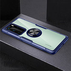 Custodia Silicone Trasparente Specchio Laterale 360 Gradi con Magnetico Anello Supporto per Huawei P40 Pro Blu