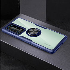 Custodia Silicone Trasparente Specchio Laterale 360 Gradi con Magnetico Anello Supporto per Huawei P40 Pro+ Plus Blu