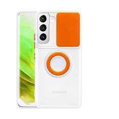 Custodia Silicone Trasparente Ultra Slim Cover Morbida con Anello Supporto A01 per Samsung Galaxy S21 5G Arancione