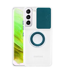 Custodia Silicone Trasparente Ultra Slim Cover Morbida con Anello Supporto A01 per Samsung Galaxy S21 5G Verde Notte