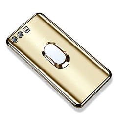 Custodia Silicone Trasparente Ultra Slim Cover Morbida con Anello Supporto S01 per Huawei Honor 9 Oro