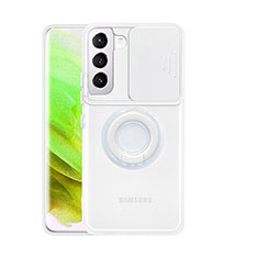Custodia Silicone Trasparente Ultra Slim Cover Morbida con Anello Supporto S01 per Samsung Galaxy S21 FE 5G Bianco