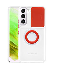 Custodia Silicone Trasparente Ultra Slim Cover Morbida con Anello Supporto S01 per Samsung Galaxy S21 FE 5G Rosso