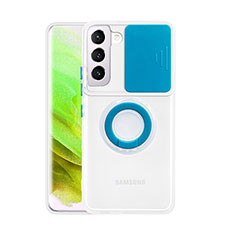 Custodia Silicone Trasparente Ultra Slim Cover Morbida con Anello Supporto S01 per Samsung Galaxy S22 Plus 5G Blu