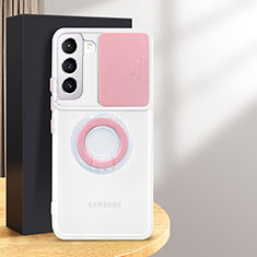 Custodia Silicone Trasparente Ultra Slim Cover Morbida con Anello Supporto S01 per Samsung Galaxy S24 5G Rosa