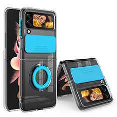 Custodia Silicone Trasparente Ultra Slim Cover Morbida con Anello Supporto S01 per Samsung Galaxy Z Flip3 5G Cielo Blu