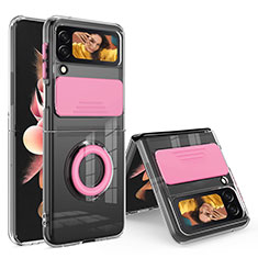 Custodia Silicone Trasparente Ultra Slim Cover Morbida con Anello Supporto S01 per Samsung Galaxy Z Flip3 5G Rosa Caldo