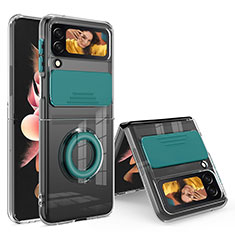 Custodia Silicone Trasparente Ultra Slim Cover Morbida con Anello Supporto S01 per Samsung Galaxy Z Flip3 5G Verde Notte
