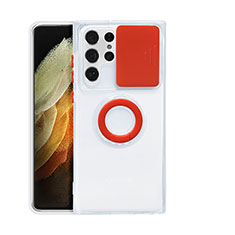 Custodia Silicone Trasparente Ultra Slim Cover Morbida con Anello Supporto S02 per Samsung Galaxy S22 Ultra 5G Rosso