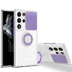 Custodia Silicone Trasparente Ultra Slim Cover Morbida con Anello Supporto S03 per Samsung Galaxy S21 Ultra 5G Viola