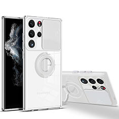 Custodia Silicone Trasparente Ultra Slim Cover Morbida con Anello Supporto S03 per Samsung Galaxy S22 Ultra 5G Bianco