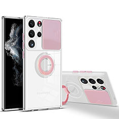 Custodia Silicone Trasparente Ultra Slim Cover Morbida con Anello Supporto S03 per Samsung Galaxy S23 Ultra 5G Rosa