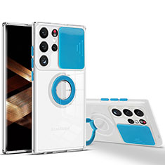 Custodia Silicone Trasparente Ultra Slim Cover Morbida con Anello Supporto S03 per Samsung Galaxy S24 Ultra 5G Blu