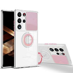 Custodia Silicone Trasparente Ultra Slim Cover Morbida con Anello Supporto S03 per Samsung Galaxy S24 Ultra 5G Rosa