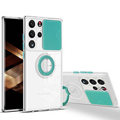 Custodia Silicone Trasparente Ultra Slim Cover Morbida con Anello Supporto S03 per Samsung Galaxy S24 Ultra 5G Verde Pastello