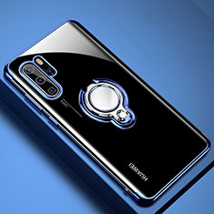 Custodia Silicone Trasparente Ultra Slim Cover Morbida con Magnetico Anello Supporto C01 per Huawei P30 Pro Blu