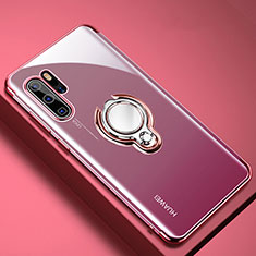 Custodia Silicone Trasparente Ultra Slim Cover Morbida con Magnetico Anello Supporto C01 per Huawei P30 Pro Oro Rosa