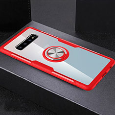 Custodia Silicone Trasparente Ultra Slim Cover Morbida con Magnetico Anello Supporto C01 per Samsung Galaxy S10 Plus Rosso