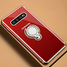 Custodia Silicone Trasparente Ultra Slim Cover Morbida con Magnetico Anello Supporto C02 per Samsung Galaxy S10 Oro