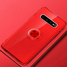 Custodia Silicone Trasparente Ultra Slim Cover Morbida con Magnetico Anello Supporto C03 per Samsung Galaxy S10 Plus Rosso