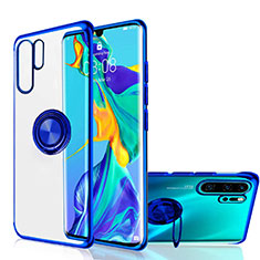 Custodia Silicone Trasparente Ultra Slim Cover Morbida con Magnetico Anello Supporto C04 per Huawei P30 Pro Blu