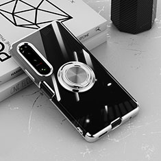 Custodia Silicone Trasparente Ultra Slim Cover Morbida con Magnetico Anello Supporto per Sony Xperia 1 IV Argento