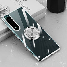 Custodia Silicone Trasparente Ultra Slim Cover Morbida con Magnetico Anello Supporto per Sony Xperia 5 III Argento