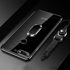 Custodia Silicone Trasparente Ultra Slim Cover Morbida con Magnetico Anello Supporto S01 per Huawei Honor 7A Nero