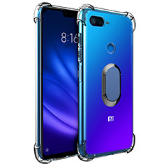 Custodia Silicone Trasparente Ultra Slim Cover Morbida con Magnetico Anello Supporto S01 per Xiaomi Mi 8 Lite Blu