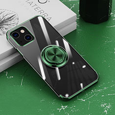 Custodia Silicone Trasparente Ultra Slim Cover Morbida con Magnetico Anello Supporto Z02 per Apple iPhone 13 Mini Verde