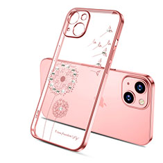Custodia Silicone Trasparente Ultra Sottile Cover Fiori per Apple iPhone 14 Oro Rosa