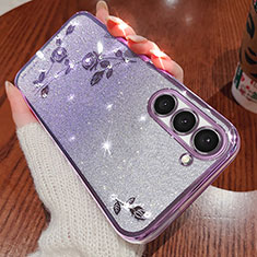 Custodia Silicone Trasparente Ultra Sottile Cover Fiori per Samsung Galaxy S23 Plus 5G Viola