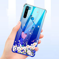 Custodia Silicone Trasparente Ultra Sottile Cover Fiori T01 per Xiaomi Redmi Note 8T Blu