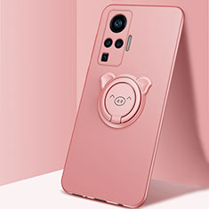 Custodia Silicone Ultra Sottile Morbida Cover con Magnetico Anello Supporto A01 per Vivo X50 Pro 5G Oro Rosa